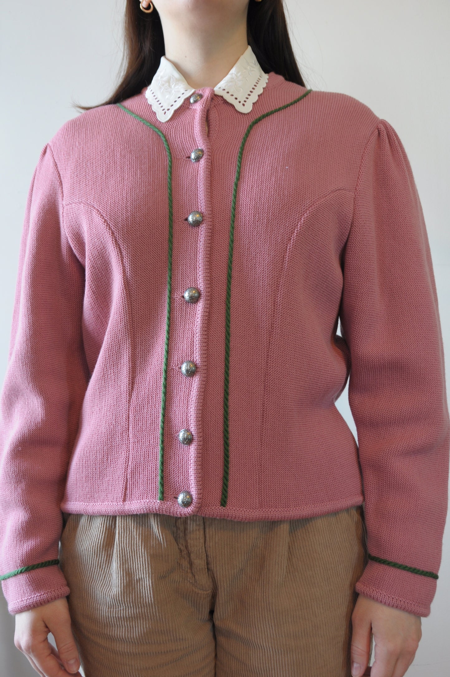 Cardigan en laine rose et vert