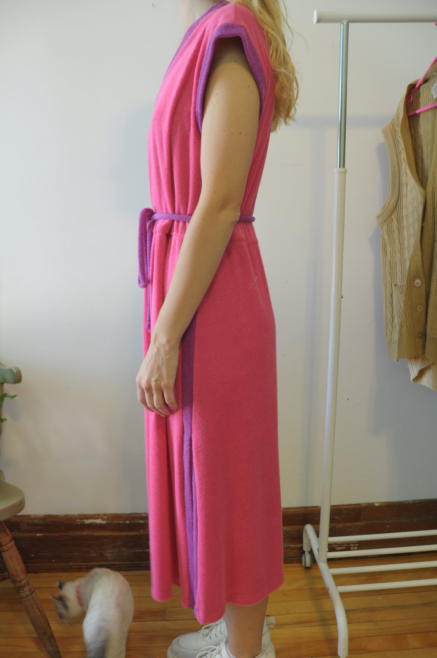 Robe en ratine rose et mauve